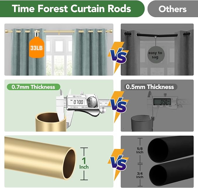 Curtain Rods for Windows 48 to 84, 1 Inch Adjustable Gold Heavy Duty Long - Image 9