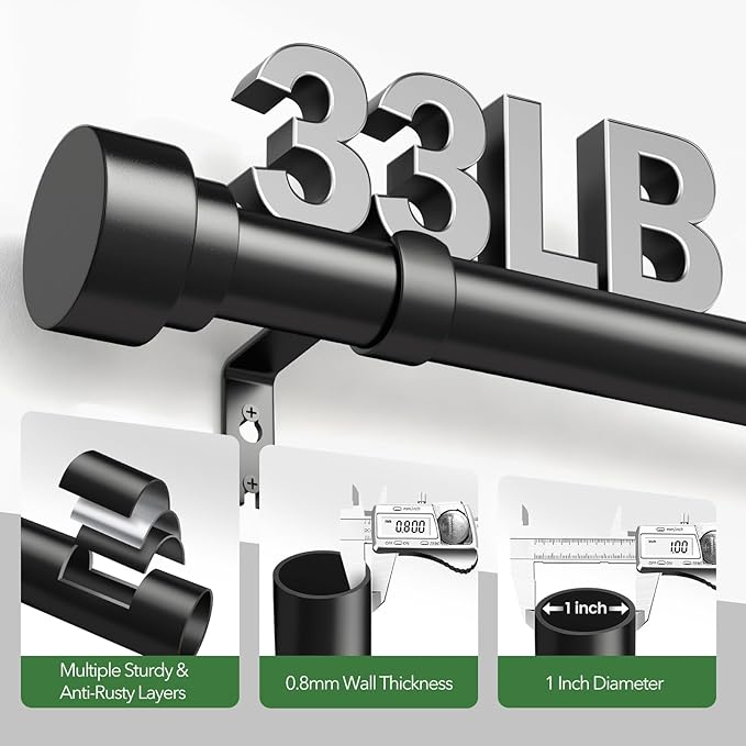 2 Pack Curtain Rods for Windows 72 to 144, 1 Inch Adjustable Black Heavy Duty - Image 4