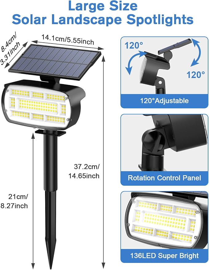 Fabrito Large Solar Spot Lights Outdoor 2 Pack, 1000 Lumens High Brightness - Image 7