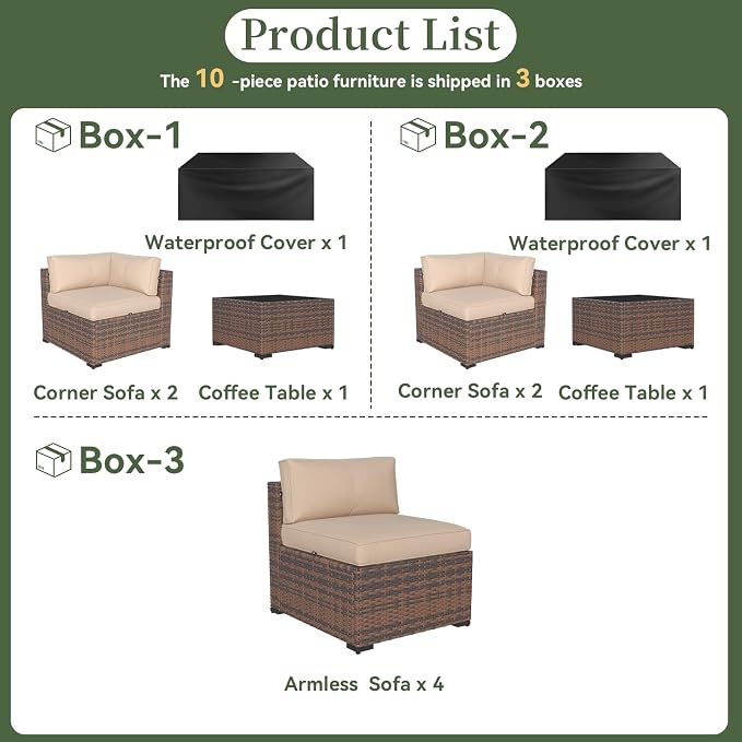 Aoxun 10 Piece Patio Furniture Set Wicker Rattan Patio Conversation Set Outdoor - Image 6