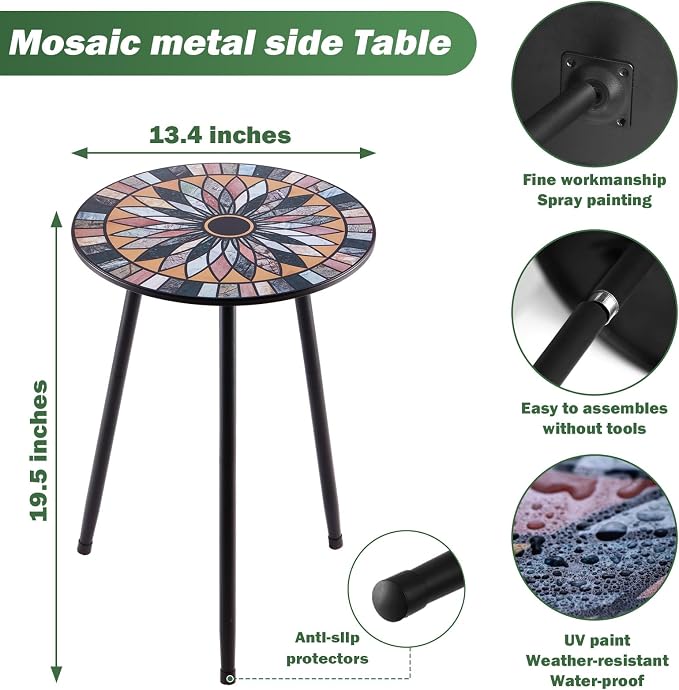 Party Zealot 1 Pack Metal Mosaic Round Side Table Small 13.4" End Patio Round - Image 3