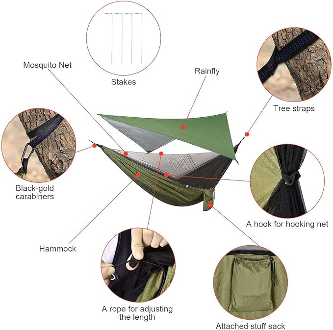 Camping Hammock with Rain Fly Tarp and Mosquito Net Tent Tree Straps, Portable - Image 5