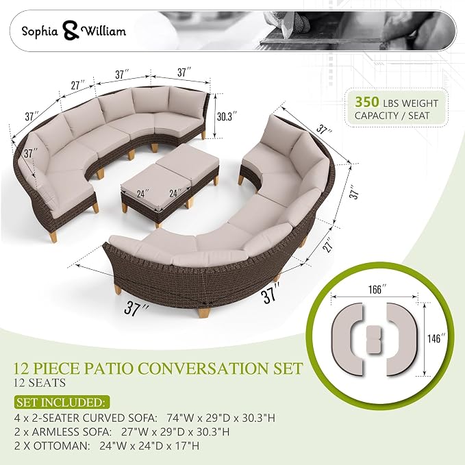 Sophia & William Oversized Half-Moon Outdoor Patio Furniture Set, 12 Piece - Image 8