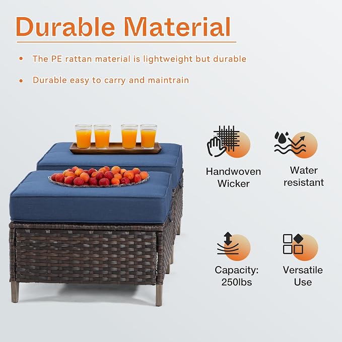 Joyside Patio Ottoman Set of 2, All Weather Outdoor Rattan Ottomans Patio - Image 4