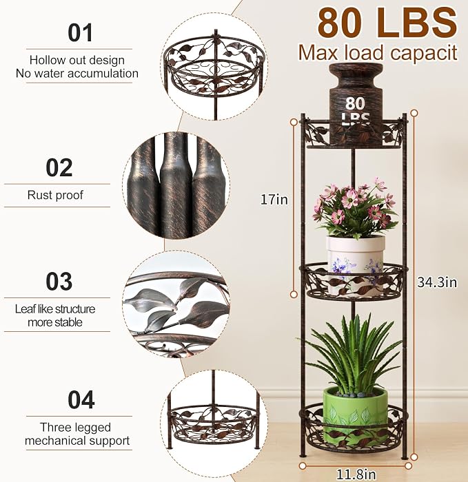 Plant Stand, Heavy Duty Metal Plant Stand Indoor Outdoor, Tall 3 Tiers Plant - Image 3
