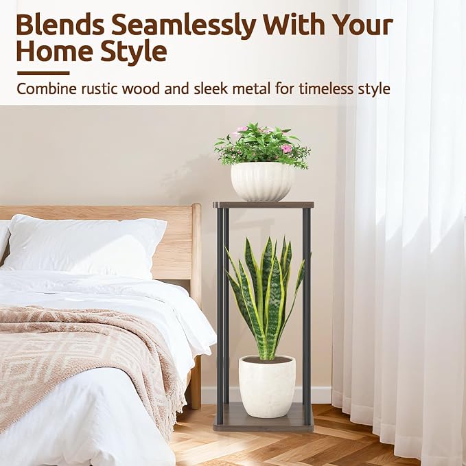 2 Tier Plant Stand Indoor, 28In Tall Corner Vertical Wood Metal Square Shelf - Image 4