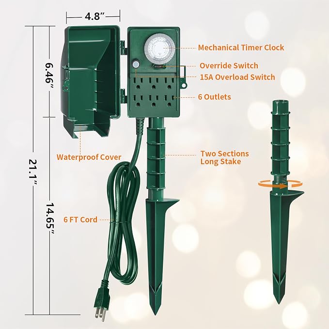 SURAIELEC Outdoor Power Stake, 24-Hour Mechanical Light Timer, Electrical Power - Image 7