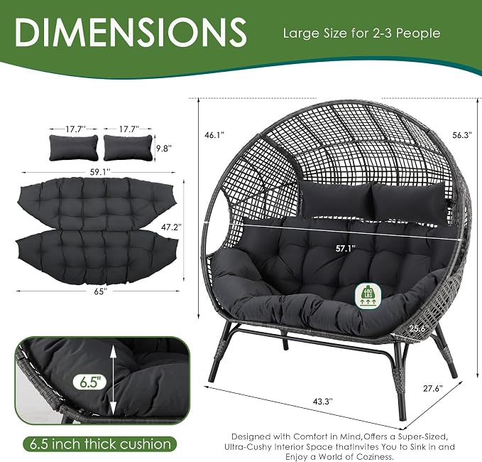 NICESOUL® Double Egg Chair Indoor Outdoor Stationary Oversized 6.5" Thick - Image 3