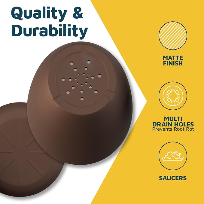 Brown Plant Pots with Drainage Holes & Saucers 15 Pack, Indoor & Outdoor - Image 7