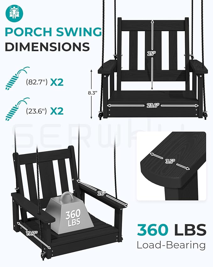 SERWALL HDPE Single Porch Swing Set of 2, Heavy Duty Single Person Swing Chair - Image 2