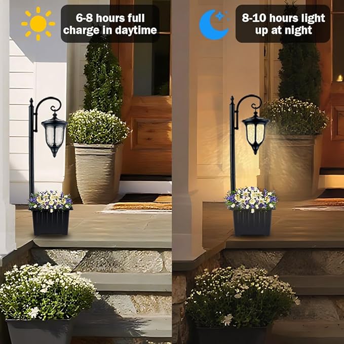 Solar Lamp Post Light with Planter, Outdoor Solar Lights with Crackle Glass - Image 4
