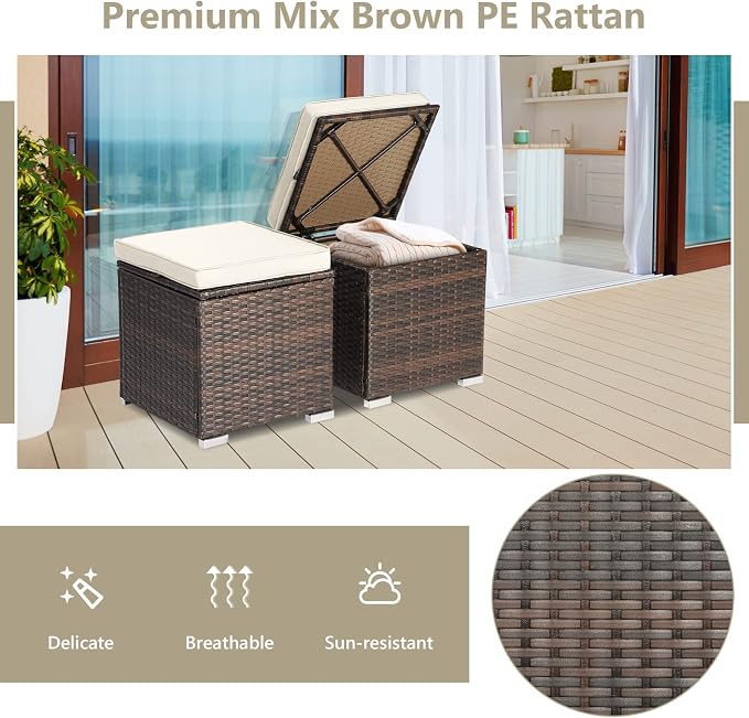 Tangkula 2 Pieces Patio Ottomans, Patiojoy Hand-Woven PE Rattan Side Table - Image 7