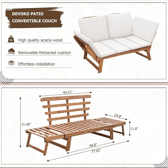 Devoko Outdoor Couch Acacia Wood Patio Couch - Image 2