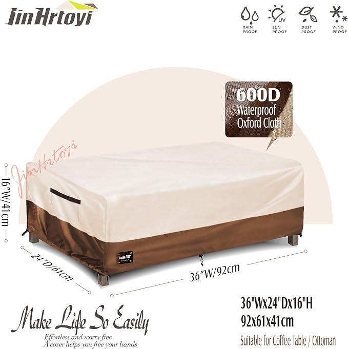 JinHrtoyi Patio Coffee Table Cover, 36Wx24Dx16H Inches 100% Waterproof Heavy - Image 2