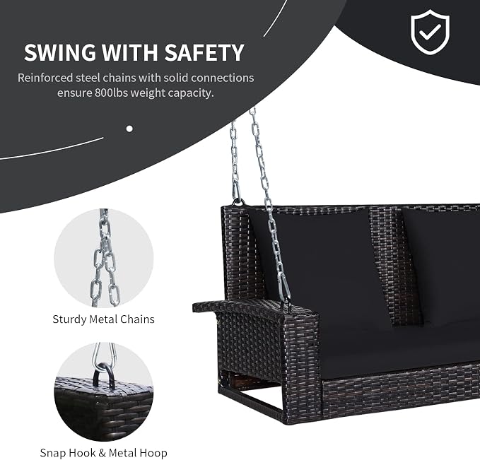 RELAX4LIFE Porch Swing 2-Seat Patio Rattan, Wicker Porch Swings Outdoor W/Two - Image 6