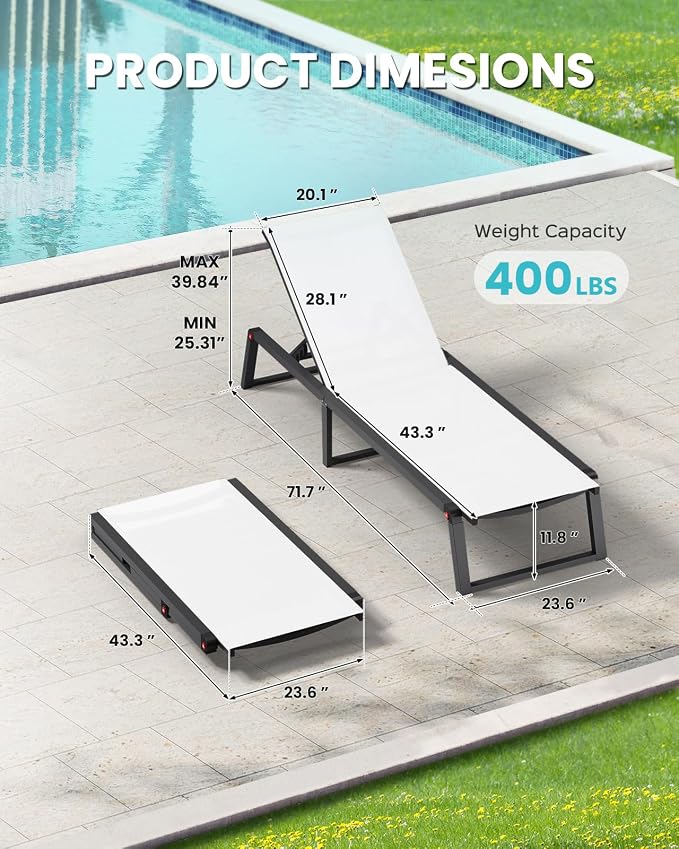 Aluminum Chaise Lounge Chair Outdoor, Foldable & Assembly Free Patio Pool - Image 2