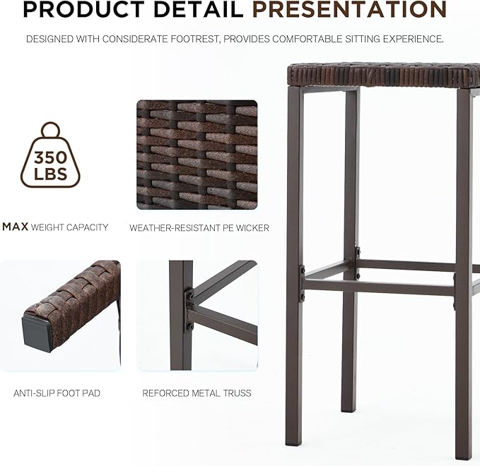 HOMREST Outdoor Tiki Bar Set, 3 Pieces Wicker Patio Bar Set w/2 Height Stools - Image 4