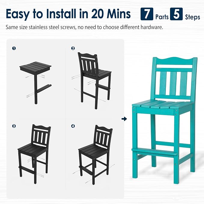nalone Outdoor Bar Stools Set of 2, HDPE Tall Adirondack Chairs Bar Chairs - Image 7