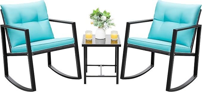 Devoko 3 Piece Rocking Bistro Set Wicker Patio Outdoor Furniture Porch Chairs by DEVOKO