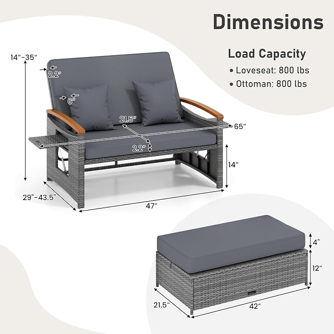 LDAILY Moccha Outdoor Wicker Daybed, Patio Rattan Loveseat Sofa w/ 4-Level - Image 8