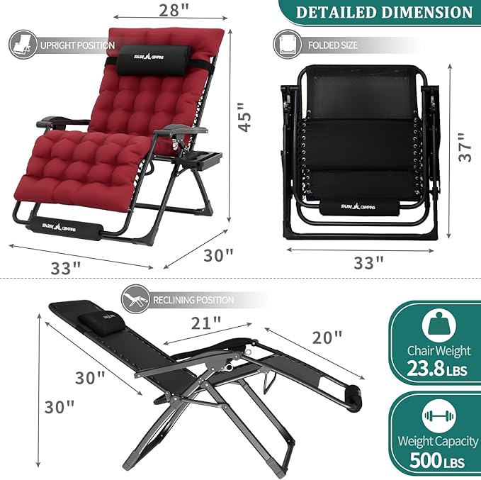 UDPATIO Oversized Zero Gravity Chair, 33In XXL Patio Reclining Chair - Image 3