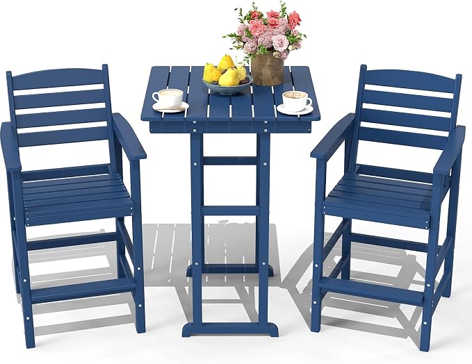 3-Piece Adirondack Bar Table and Chair Set, HDPE All-Weather Bar Height Chairs by NAVINE