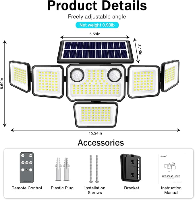 6000LM Solar Lights Outdoor Waterproof, 6 Heads Solar Flood Lights Outdoor - Image 3