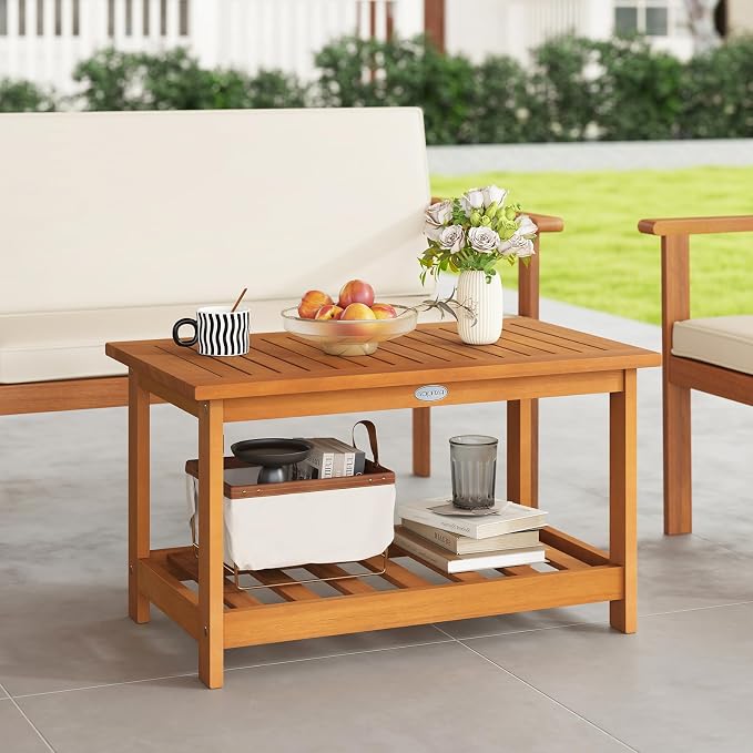 Tangkula Outdoor Acacia Wood Coffee Table, Patio 29.5” Rectangle Slatted 2 Tier - Image 2