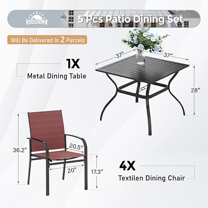 5 Piece Patio Dining Set for 4, 37”x37” Square Table - Image 4