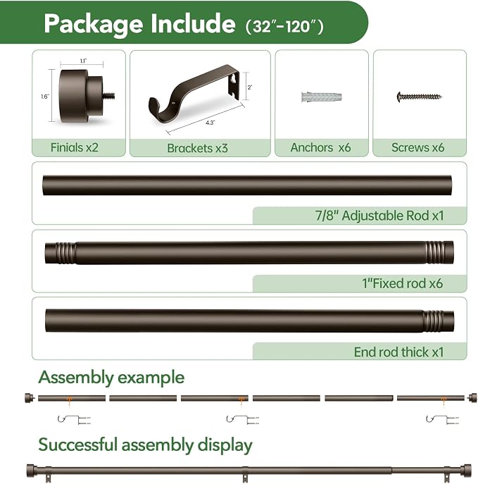 Curtain Rods for Windows 66 to 120, 1 Inch Adjustable Heavy Duty Long Window - Image 6