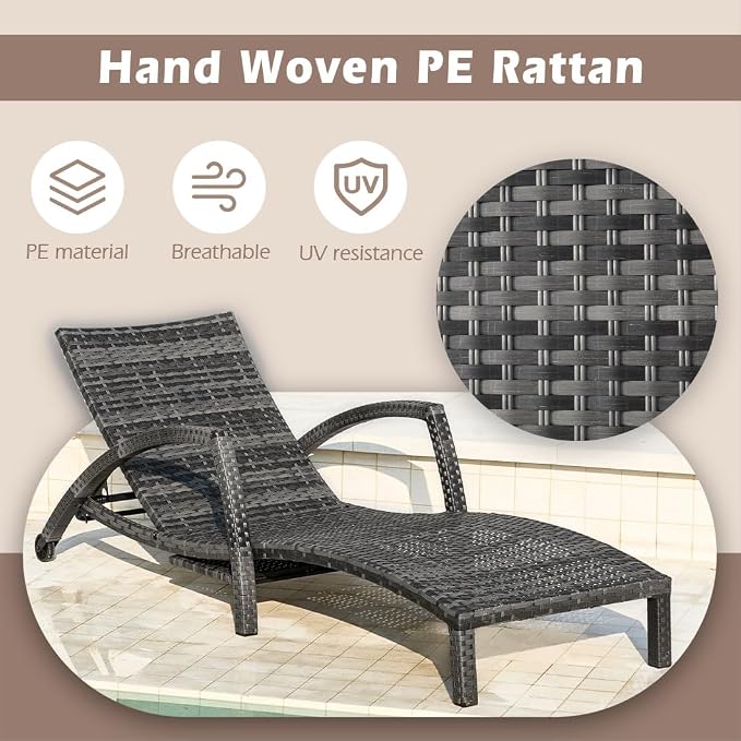 Chaise Lounge Chairs Outdoor Set of 2, Comfy Outside Wicker Patio Pool Lounge - Image 5