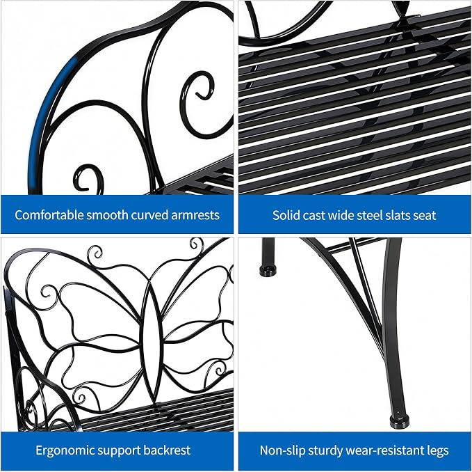 HLC Outdoor Bench Outdoor Sturdy Rust-Resistant Bench Butterfly Cast Iron - Image 6