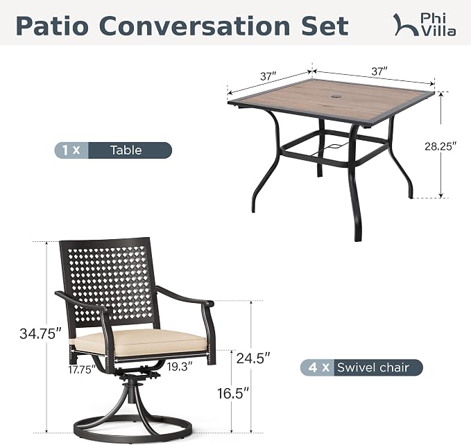 PHI VILLA Outdoor Conversation Furniture Set of 5 piece Patio Dining Set - Image 9