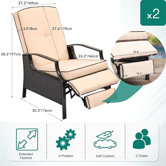 YITAHOME Outdoor Recliner Chair, 2-Piece Patio Adjustable Wicker Reclining - Image 5