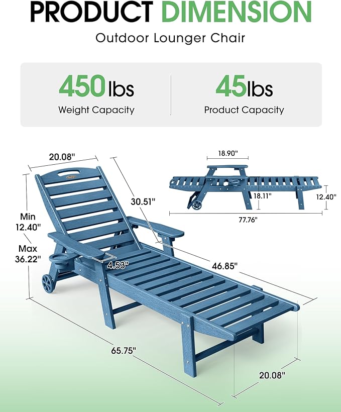 Lounge Chair Outdoor Set of 2, HDPE Chaise Lounge Outdoor, Pool Lounge Chair - Image 2