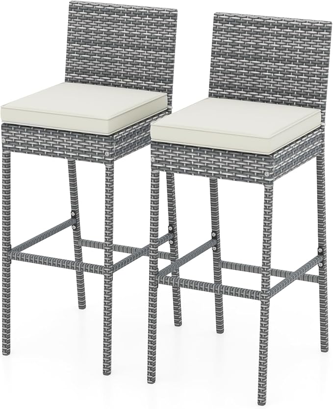 HAPPYGRILL Patio Wicker Barstools Set of 2, Outdoor Bar Height Chair w/Soft by HAPPYGRILL