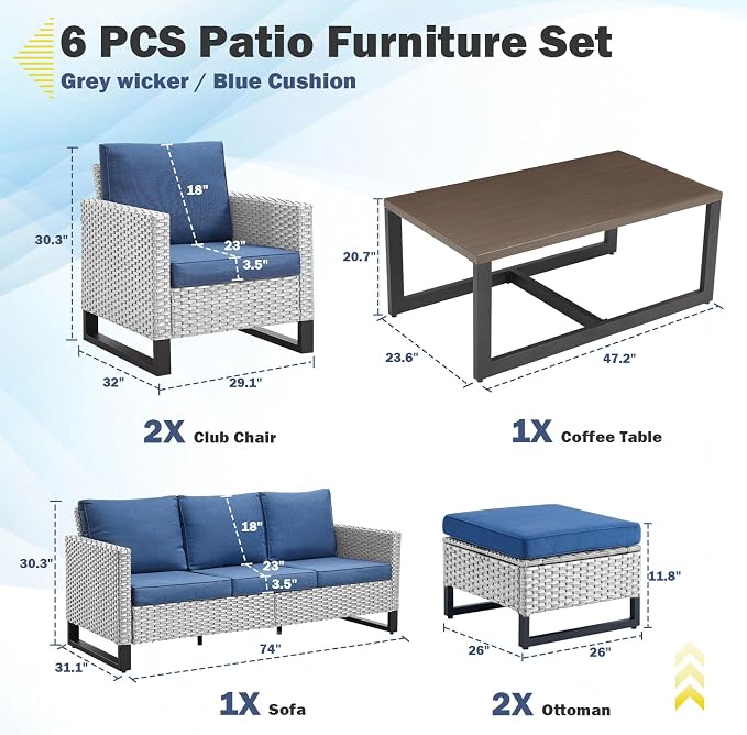 Belord 6 Piece Outdoor Furniture Patio Wicker Sofa Set, Oversize Outdoor Dining - Image 2