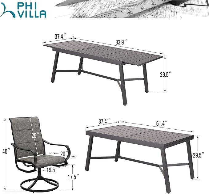 PHI VILLA 7 PCS Patio Dining Set, 6 Padded Swivel Dining Chair - Image 7