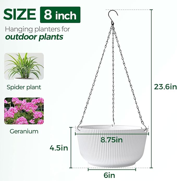 T4U Hanging Planter Self Watering 8 Inch, 2 Pack White Indoor Hanging Plant pots - Image 2