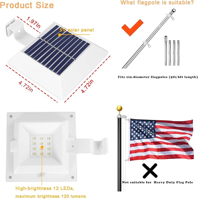 Solar Flag Pole Light, Bright White 6000k Flagpole Light Upgrade Solar Powered - Image 9
