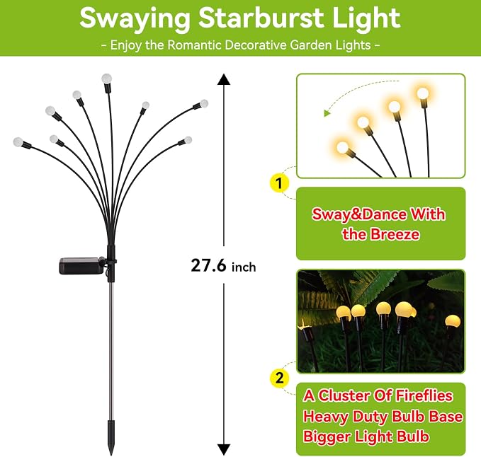 Solar Garden Lights Outdoor Waterproof, 6 Pack 48 LED Swaying Light Firefly - Image 2