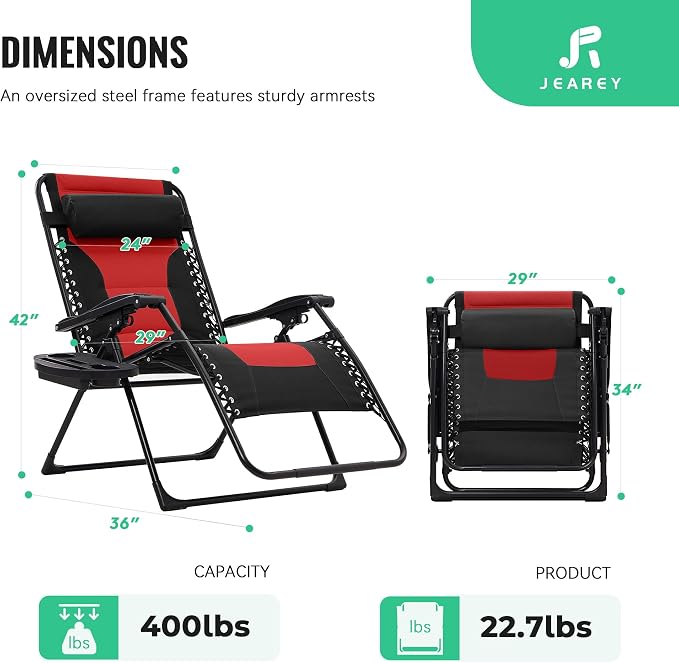 JEAREY Oversized Padded Zero Gravity Chairs Set of 2, Folding Lounge Chair - Image 3