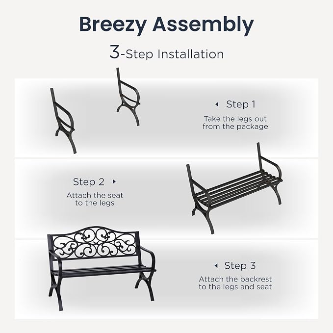 PHI VILLA 50-Inch Cast Iron Steel Frame Garden Bench Outdoor Patio Bench Chair - Image 6