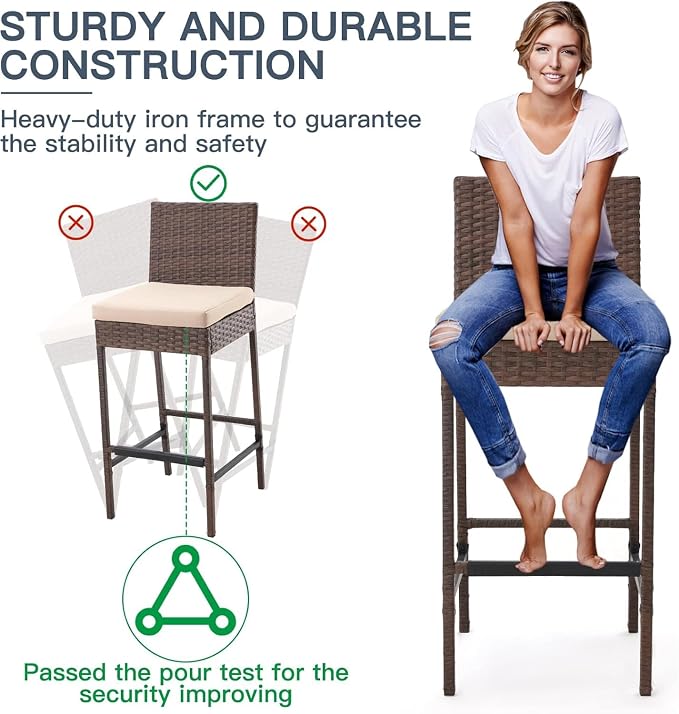 ECOTOUGE Outdoor Bar Stools, Wicker Woven Patio Stools & Patio Bar Chairs - Image 4