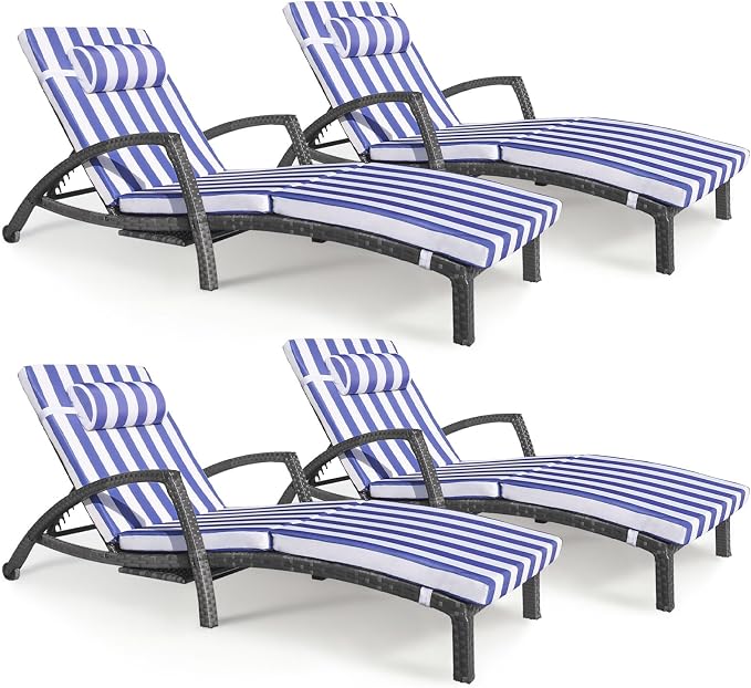 Chaise Lounge Chairs Outdoor Set of 4, Comfy Outside Wicker Patio Pool Lounge by ZZWHOM