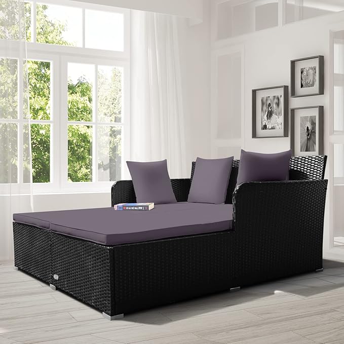 COSTWAY Outdoor Patio Rattan Daybed, Sponge Cushioned Loveseat Sofa - Image 4