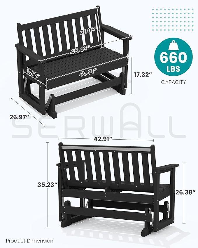 SERWALL Outdoor Glider Bench Set of 2, HDPE Weather-Resistant Swinging Bench - Image 2