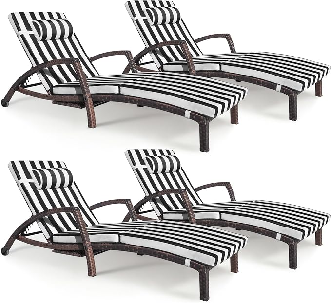 Chaise Lounge Chairs Outdoor Set of 4, Comfy Outside Wicker Patio Pool Lounge by ZZWHOM