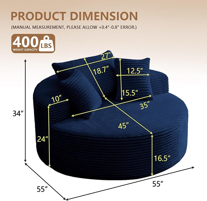 Oversized Round Chair Lounge Chaise Indoor, Upholstered Corduroy Deep Seat - Image 2