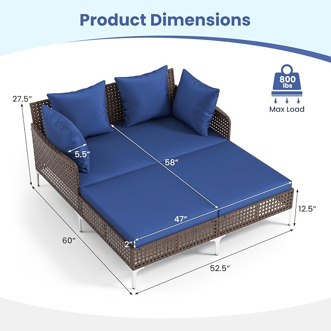 Tangkula Outdoor Rattan Double Daybed, Boho Wicker Chaise Lounge - Image 5